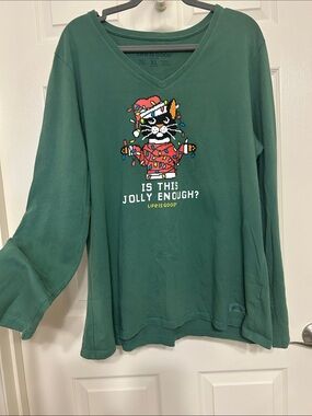Life Is Good Green Holiday Cat V-Neck Long Sleeve Tee Is This Jolly Enough XL